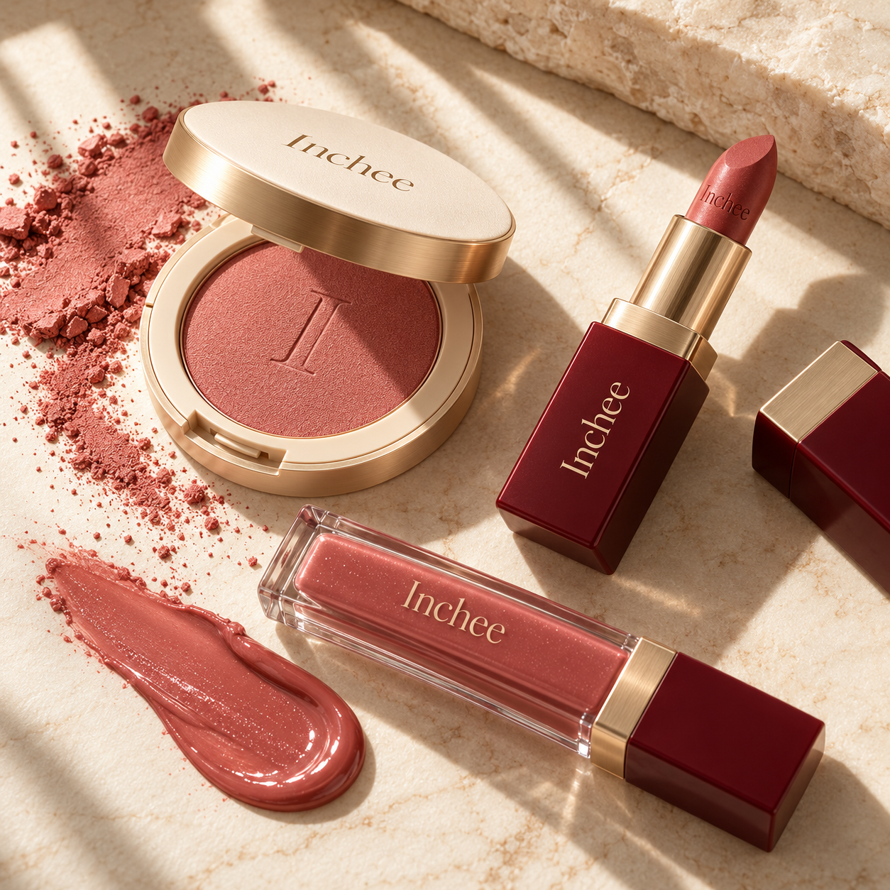 Inchee makeup packaging concept with blush compact, lipstick and lip gloss.