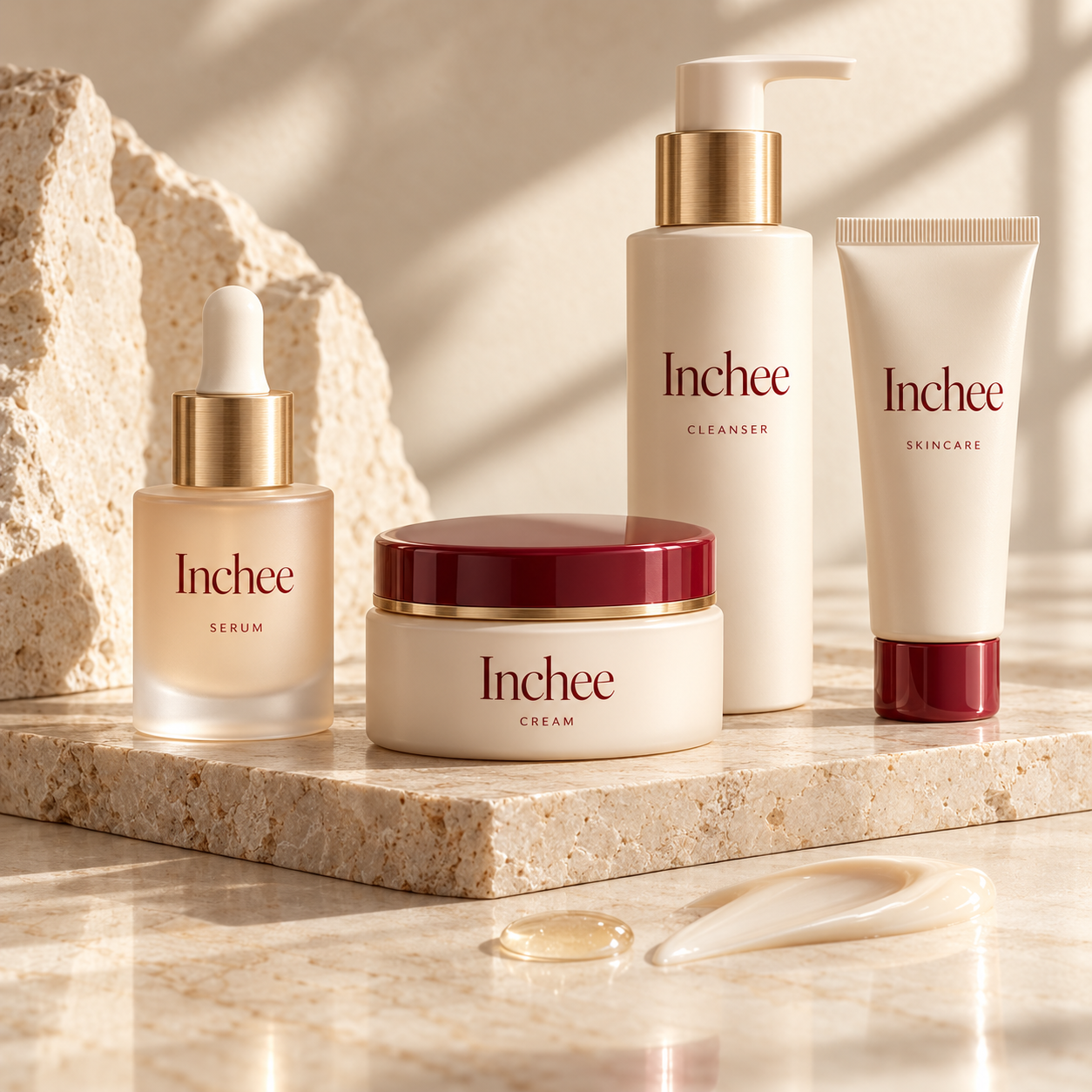 Inchee skincare packaging concept with serum, cream, cleanser and tube.